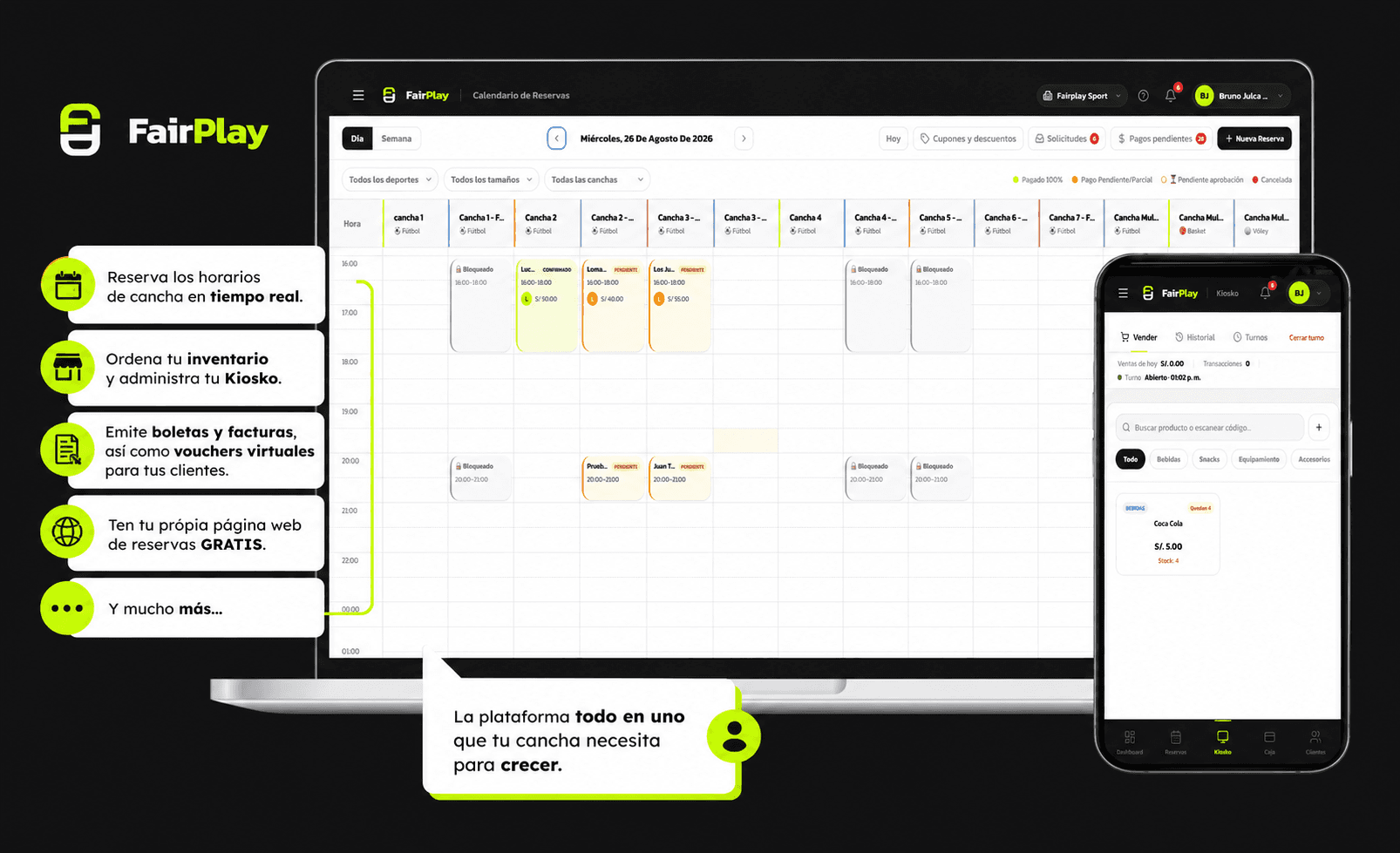 Panel de reservas y kiosko de FairPlay: reserva horarios en tiempo real, administra tu inventario, emite boletas y facturas, y ten tu propia página web de reservas gratis.